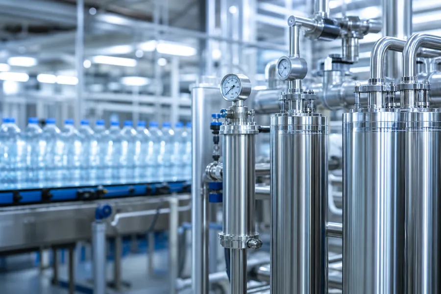 Hygienische Prozessanlage mit Edelstahlverrohrung und Abfüllung